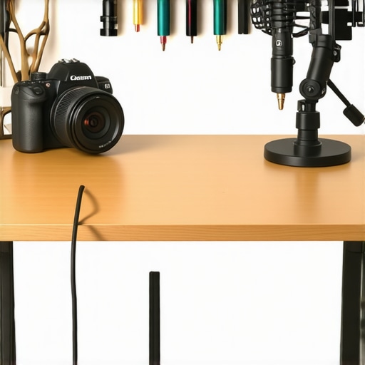A well-organized creator studio featuring cable management and camera maintenance tools.