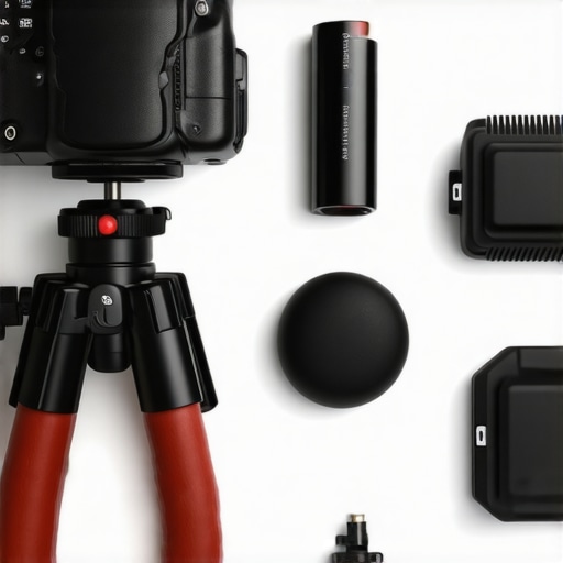 Close-up of camera cleaning tools and a dummy battery for studio maintenance.