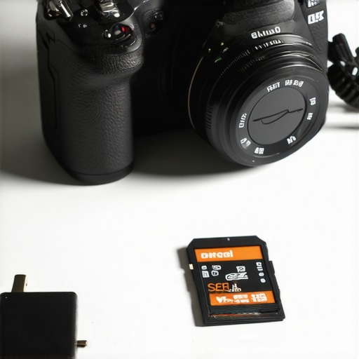 A high-end camera setup showing dummy battery and SD card maintenance tools for creators.
