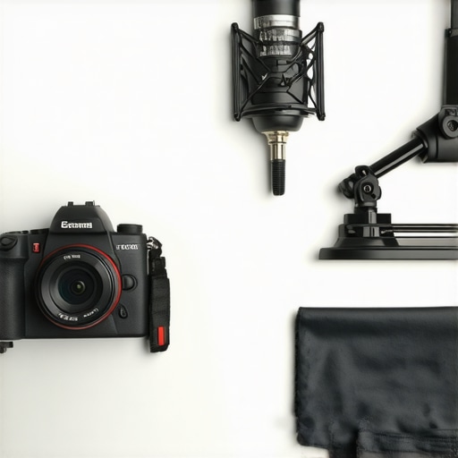 An organized creator studio showing camera and microphone maintenance tools