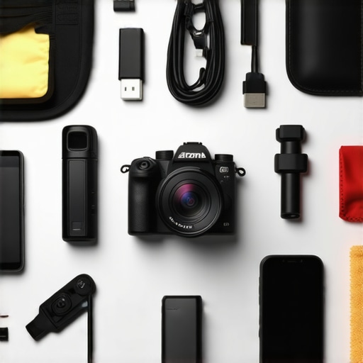 Close up of camera cleaning kit and protected lens on a creator desk