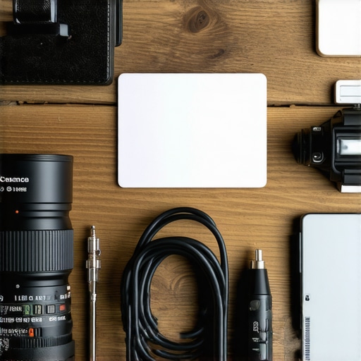 Close-up of a content creator's organized gear maintenance station with cleaning tools and cables.