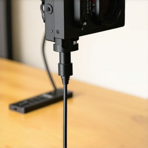 Close-up of a desk-mounted camera and dummy battery setup for long-term content creation.