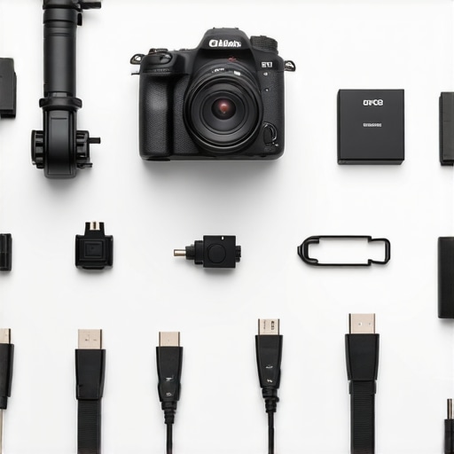 Close-up of a mirrorless camera with a dummy battery and organized cables on a creator desk.