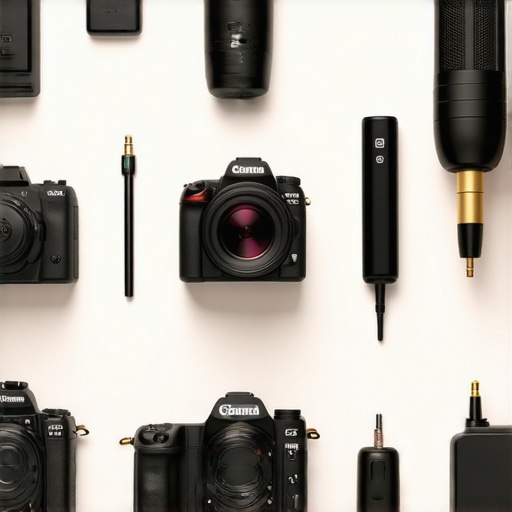 An organized studio setup showing cable management and camera power solutions for content creators.