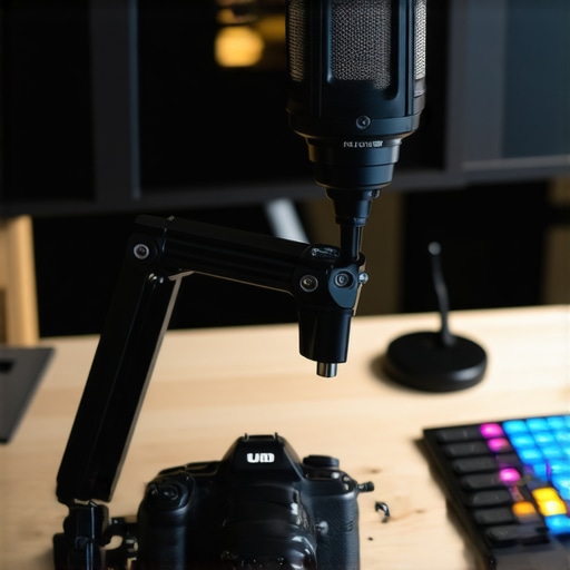 A high-end content creator studio setup featuring organized gear and cable management.