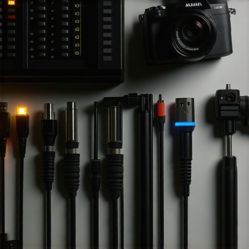 Close-up of a professional audio interface and organized camera gear on a creator's desk.