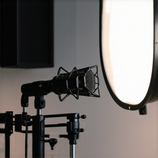 High-end creator setup showing optimal microphone placement and 45-degree lighting for depth
