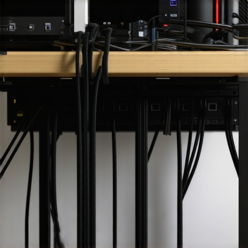 Neatly organized cables and power bricks under a creator desk using zip ties and velcro.