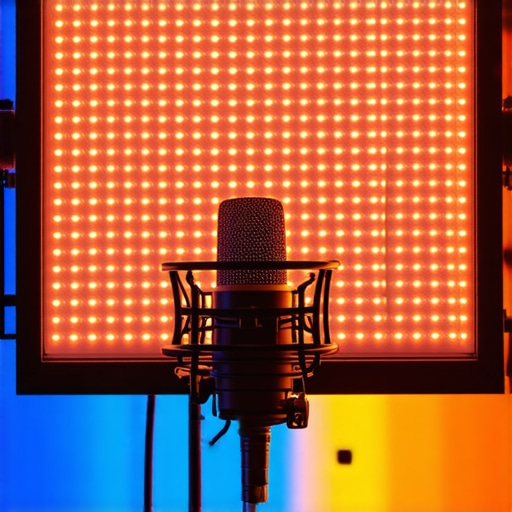 Close up of professional studio lighting and audio gear for content creators.