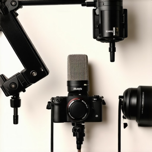 A high-end creator studio featuring a mirrorless camera and microphone with professional lighting depth.