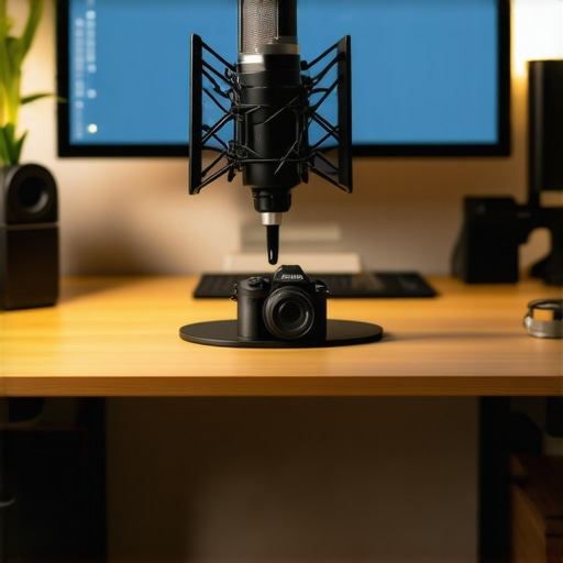 An organized professional content creator desk setup with a microphone and camera gear.