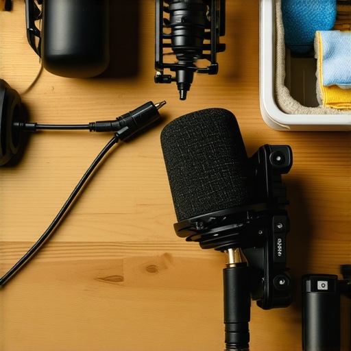 Professional Creator Studio Maintenance and Organization An organized desk setup featuring cable management and studio maintenance tools.