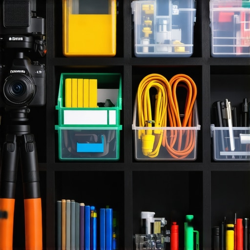 An organized studio shelf with labeled cable bins and magnetic tool strips for content creators.