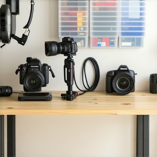 Professional Creator Studio Organization A well-organized desk setup for a content creator featuring cable management and maintenance tools.