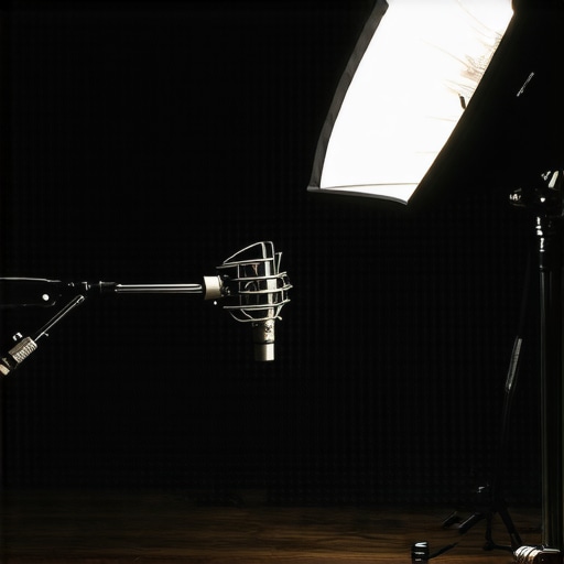 A detailed view of a professional content creator studio featuring acoustic treatment and cinematic softbox lighting.