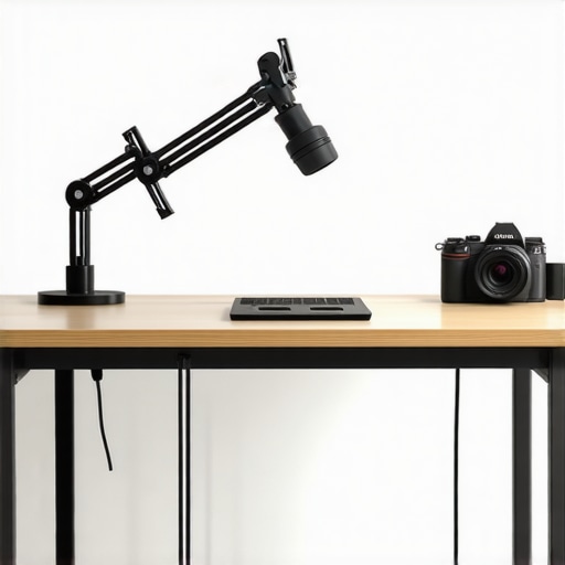 Professional Creator Workspace Maintenance and Organization An organized studio setup showing clean cable management and a camera with a dummy battery power supply.