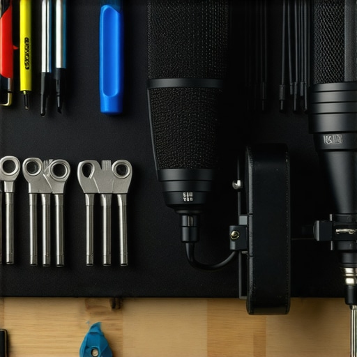 Professional Creator Workspace Maintenance and Organization A clean and organized studio setup showing microphone maintenance and tool organization.