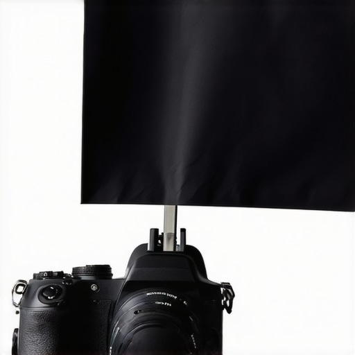 A camera lens using a piece of black cardboard as a flag to prevent lens flare in a studio environment.