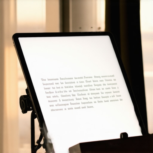 A tablet reflecting a script onto glass for a camera teleprompter rig.