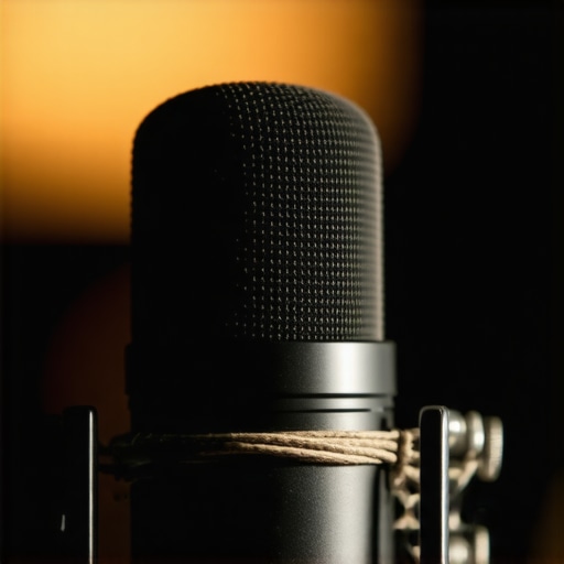 A studio microphone using a synthetic sock as a DIY pop filter for professional audio quality.