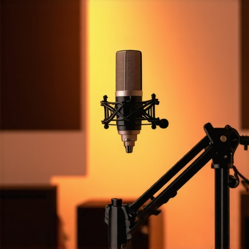 Professional Dynamic Microphone Studio Setup Close-up of a professional dynamic microphone in a home studio with acoustic treatment.