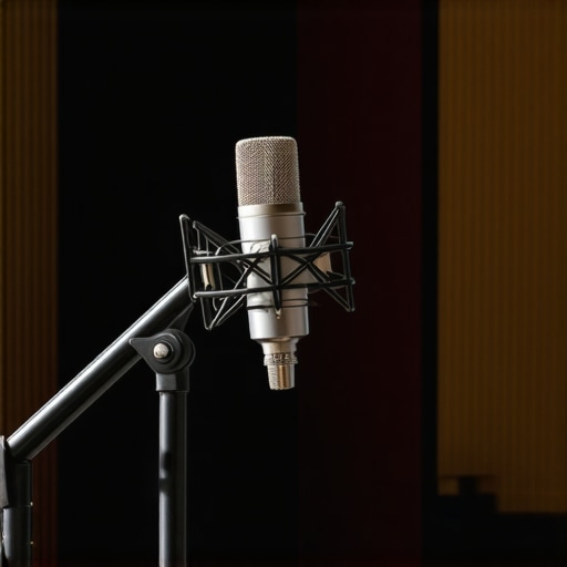 Professional Dynamic Microphone Studio Setup A high-end dynamic microphone setup in a room with acoustic treatment to prevent echo.