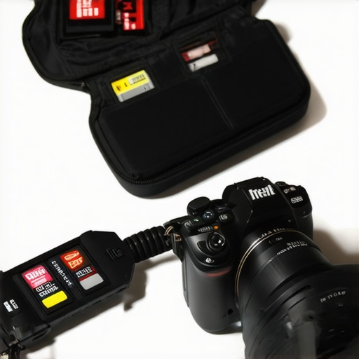A mirrorless camera powered by a dummy battery next to organized storage cards