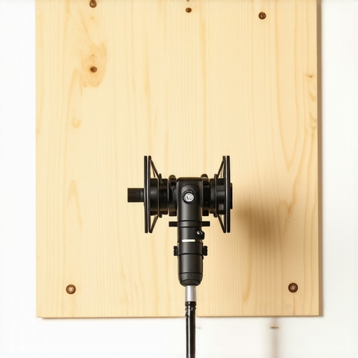 A sturdy plywood mounting plate on a studio wall supporting a microphone boom arm.