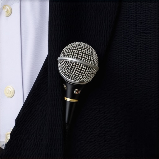 A lavalier microphone with a cable loop for shock absorption on a suit lapel.
