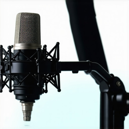 A creator cleaning a high-end studio microphone using a bulb blower to remove dust from the capsule mesh.