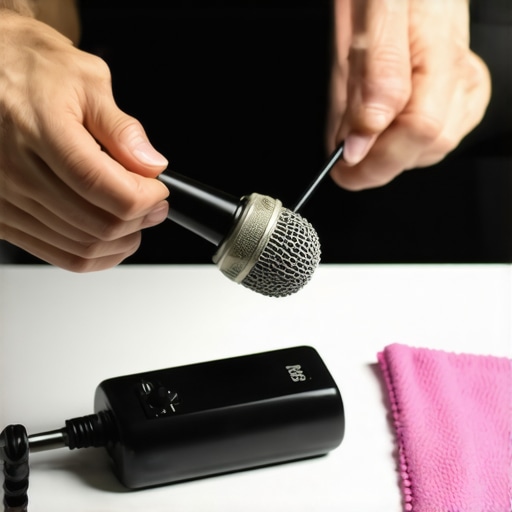 A creator cleaning a studio microphone to maintain audio quality.