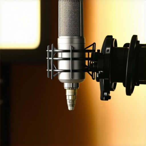 A high-quality microphone on a boom arm used in a professional home studio setup.