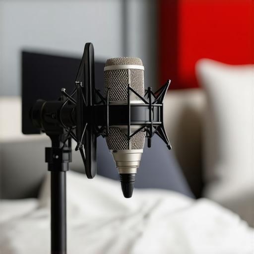 A dynamic microphone positioned close to the frame in a home creator studio with acoustic treatments.