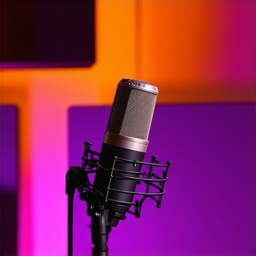 A high-end condenser microphone in a studio environment with acoustic panels and moody lighting.