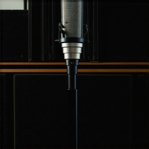 A studio microphone positioned for high-quality audio recording with acoustic panels in the background.