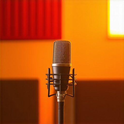 A high-quality microphone set up in a room with acoustic treatment to improve sound quality.