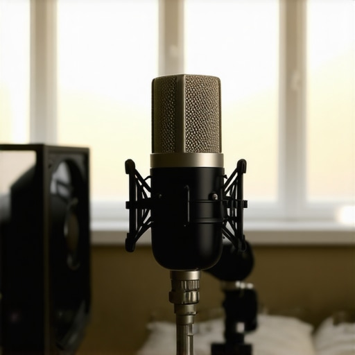 A high-end microphone setup in a home office illustrating the challenges of background noise and room acoustics for creators.