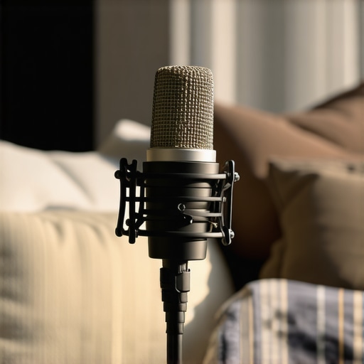 Close-up of a professional microphone setup with DIY acoustic treatment in the background.