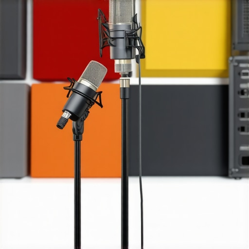 A high-end microphone surrounded by sound-absorbing blankets in a home studio setup.