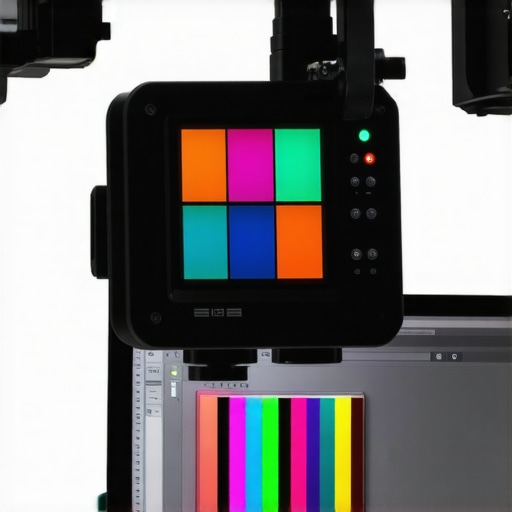 Close-up of a colorimeter tool calibrating a video editing monitor