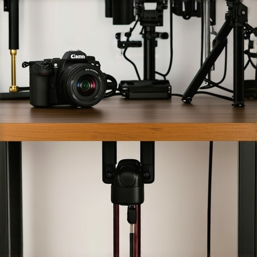 A well-maintained and organized content creator studio with wall-mounted camera and cable management.
