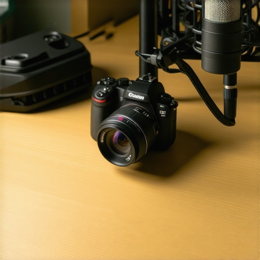 A workspace showing cable management and professional gear for a content creator.