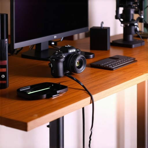 A well-organized studio setup with professional camera and microphone gear featuring clean cable management.