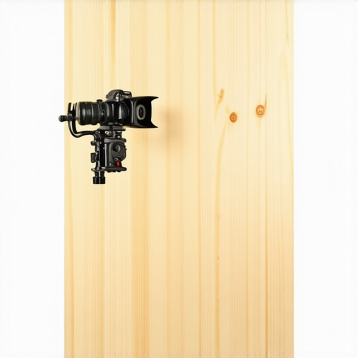 A sturdy plywood board mounted on a wall holding a camera and studio lights for a creator setup.