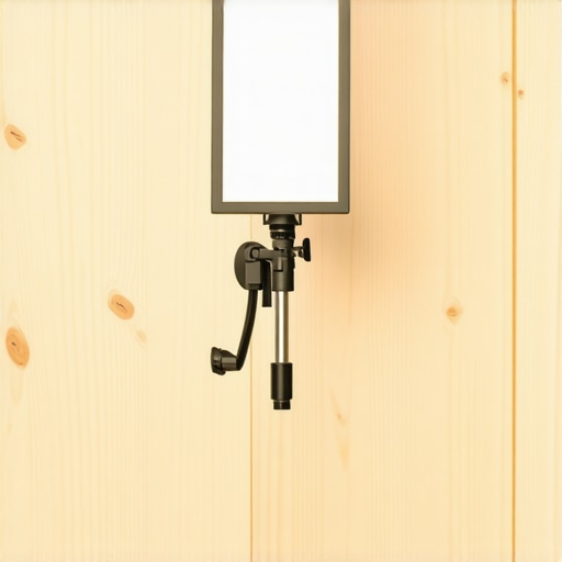 Close-up of a DIY plywood mounting system for professional studio gear including a microphone arm and lighting.