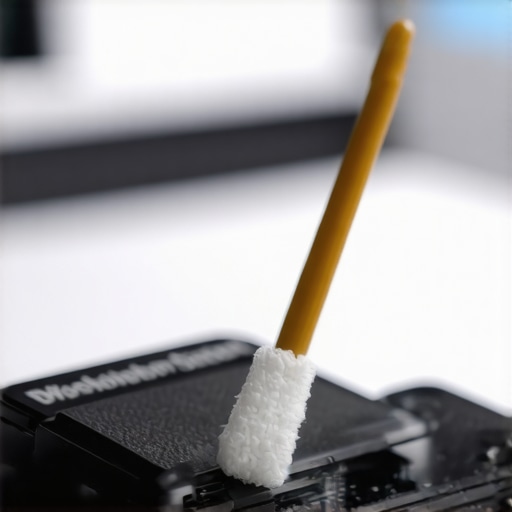 Macro view of a sensor cleaning swab on a camera sensor showing correct pressure.