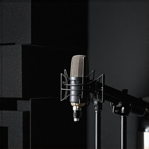 A close-up view of a creator studio showing acoustic foam and professional microphone setup.