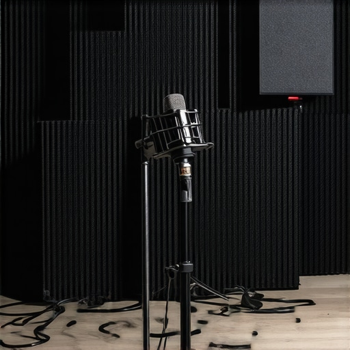 A well-organized content creator studio featuring acoustic treatment and proper cable management.
