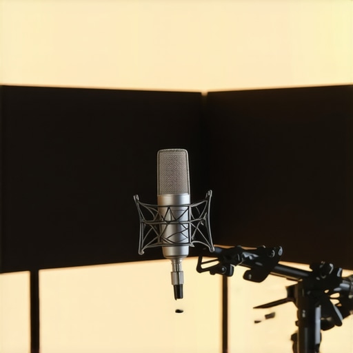 A high-quality microphone setup in a room with acoustic foam for better sound clarity.